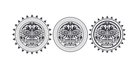 Set of Round tattoo mask in the Polynesian style. Black and white tattoo of the Mayan tribe. Isolated. Vector illustration.