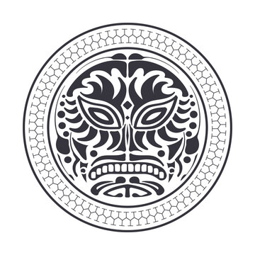 Round tattoo mask in the Polynesian style. Black and white tattoo of the Mayan tribe. Isolated. Vector