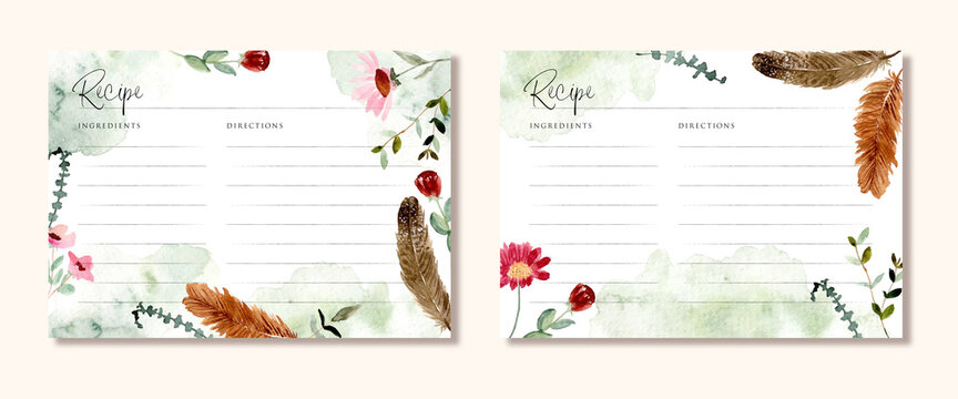 recipe card with rustic floral and feather watercolor