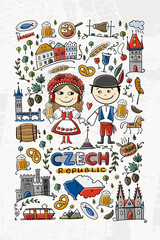 Czech Republic. Travel illustration with Czech landmarks, people and food