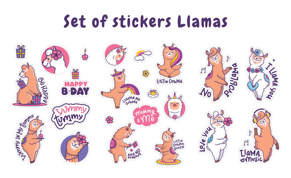 The set of happy llamas alpaca for stickers, t-shirt designs.