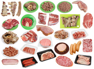 Beef and pork meat  in different variations set Isolated