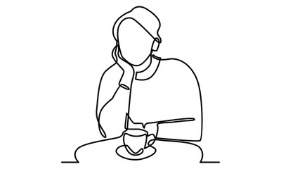 Continue line of woman sitting relax with a cup of tea