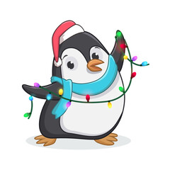 cute penguin with christmas decoration lights