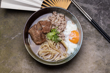 Japanese Kake udon noodles with braised pork