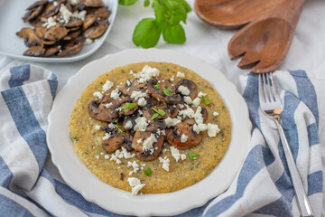Traditional polenta with mushrooms and cheese on a plate