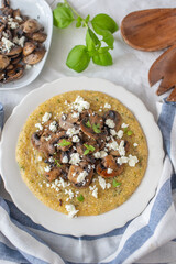 Traditional polenta with mushrooms and cheese on a plate