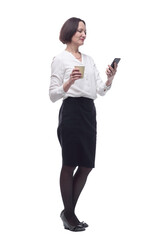 successful business woman with takeaway coffee. isolated on a white background.