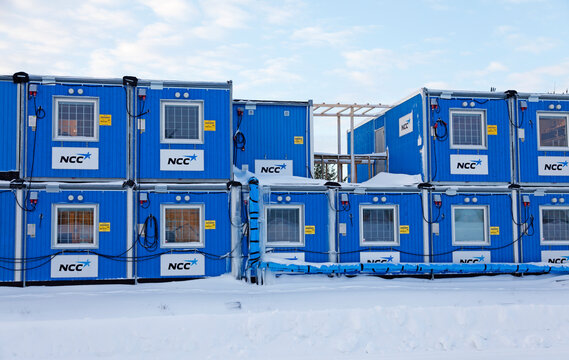Umea, Norrland Sweden - January 17, 2021: lots of construction barracks that it snowed on