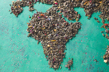 Continent Africa made of green tea on color background, closeup