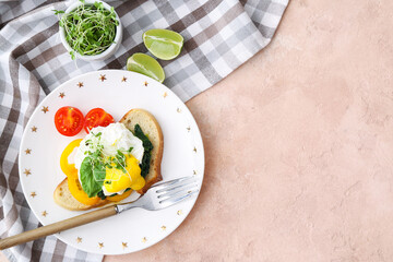Tasty sandwich with florentine egg on color background