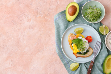 Tasty breakfast with florentine egg and fresh vegetables on color background