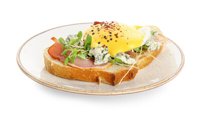 Plate of tasty sandwich with florentine egg, bacon and avocado on white background