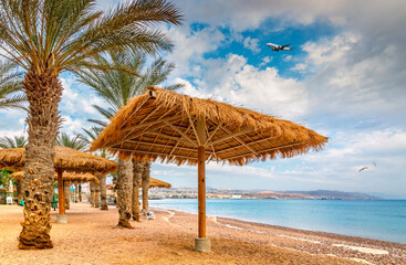 Morning at central public beach in Eilat – famous tourist resort and recreational city in Israel, Middle East