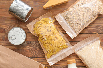 Different products on wooden background