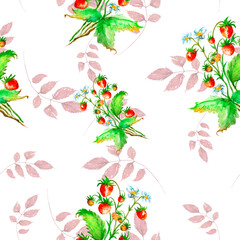 Watercolor seamless pattern, background.Illustration - Branch, red autumn leaves.Blooming bush with red strawberries and flowers.  Watercolor Fall Leaves Illustration.  Aspen leaf, rowan.Garden berry