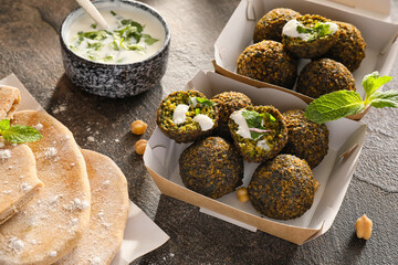 Boxes with tasty falafel balls, pita and sauce on grunge background