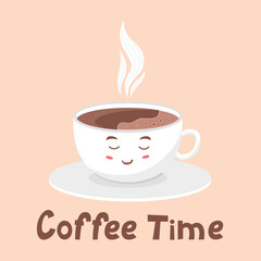 Nice white coffee mug with foam. Coffee Time lettering. Vector illustration