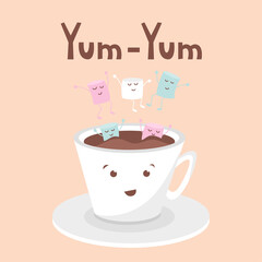 Nice white coffee mug with marshmallows. Yum-Yum lettering. Vector illustration