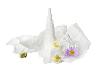 Bottle with drops, flowers and used tissue on white background