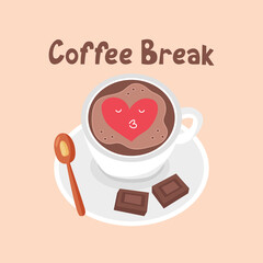 White coffee mug with chocolate and heart. Coffee Break lettering. Vector illustration