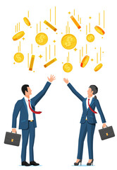 Happy man and woman under golden coins rain. Business people rejoice in money rain. Rich businesswoman and businessman. Win, fortune, income, savings, investment, success. Flat vector illustration.