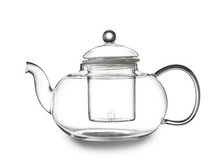Stylish glass teapot on white background