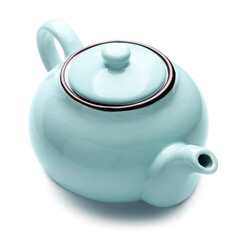 Stylish teapot on white background