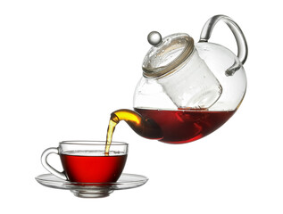 Pouring of hot tea from teapot into cup on white background