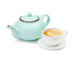 Stylish teapot and cup of tea with lemon on white background