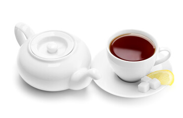 Stylish teapot and cup of tea on white background