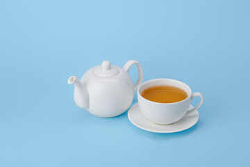 Obraz na płótnie Canvas Stylish teapot and cup of tea on color background