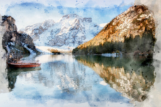 Landscape of Lago di Braies in dolomite mountains - waterpaint image