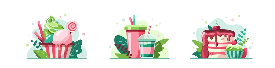 Summer dessert icon collection. Ice cream with waffle straws, milk shake and soda, cherry cake with icing and cupcake. Concept for fast food, pastry shop, confectionery, sweets, restaurant