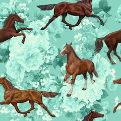 Running horses and flowers on a turquoise background, seamless pattern for printing on textiles, wallpaper