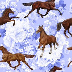 Running horses and flowers on a blue background, seamless pattern for printing on textiles, wallpaper