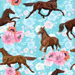 Running horse and flowers,seamless pattern for printing on textiles,Wallpaper