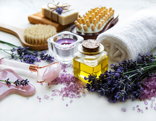 Fototapeta na wymiar Natural organic SPA cosmetic with lavender.