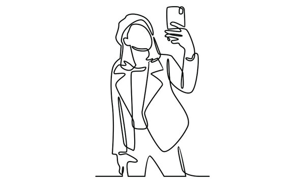 Continue line of woman take selfie with phone camera