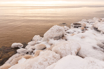 Tuja coast of Vidzeme sea shore Rīgas jūras līcis Gulf of Riga winter frozen water landscape sunset horizon 