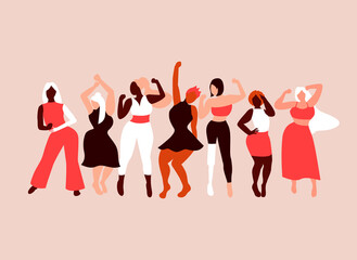 Happy girls dancing. Body positivity. Love your body. Different skin color and body size women characters. Flat vector illustration for postcard, banner, poster, app. Eps 10