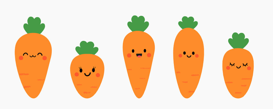 Set of cartoon carrots on white background vector illustration. Cute cartoon vegetable.