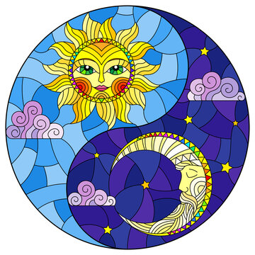 Stained glass illustration with the sun and moon in the shape of the Yin yang sign, round image