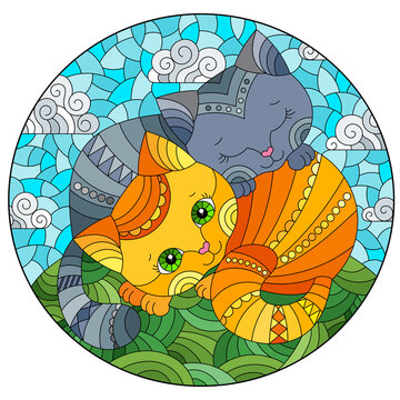 A stained glass illustration with a pair of cartoon cats in a meadow against a cloudy sky, oval image
