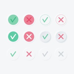 Set of Check mark, Cross mark icon button element with Neumorphic Style vector design.