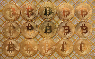  Business Finance, arrangment set of gold Bitcoin symbol of digital money