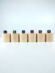 Selective focus.Word LEADER from black dice on block cylinder with white background.Shot were noise and film grain.