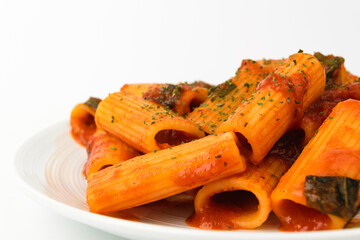 Rigatoni pasta on white background