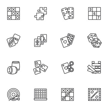 Board games line icons set, outline vector symbol collection, linear style pictogram pack. Signs, logo illustration. Set includes icons as playing card, puzzle, dominoes game, tic tac toe