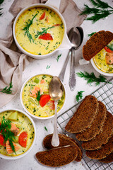 Finnish salmon soup lohinkeitto.top view.